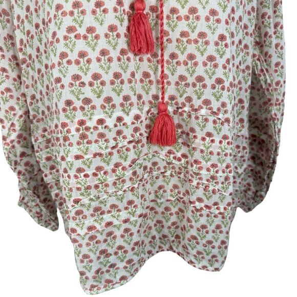 Roller Rabbit Red & Green Floral Tassel Tie Lightweight 3/4 Sleeve Boho Top - Picture 2 of 8